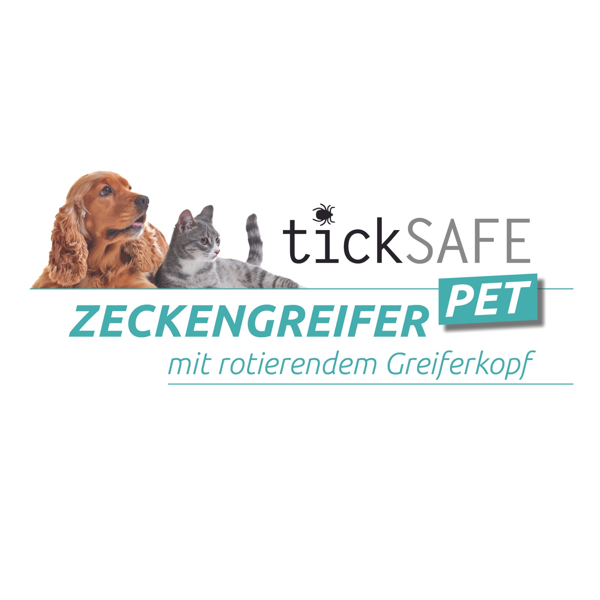 Es ist das Logo des Herstellers der Zeckenzange zu sehen, diese heißt "tickSAFE-Zeckengreifer-PET-mit rotierendem Greiferkopf".
